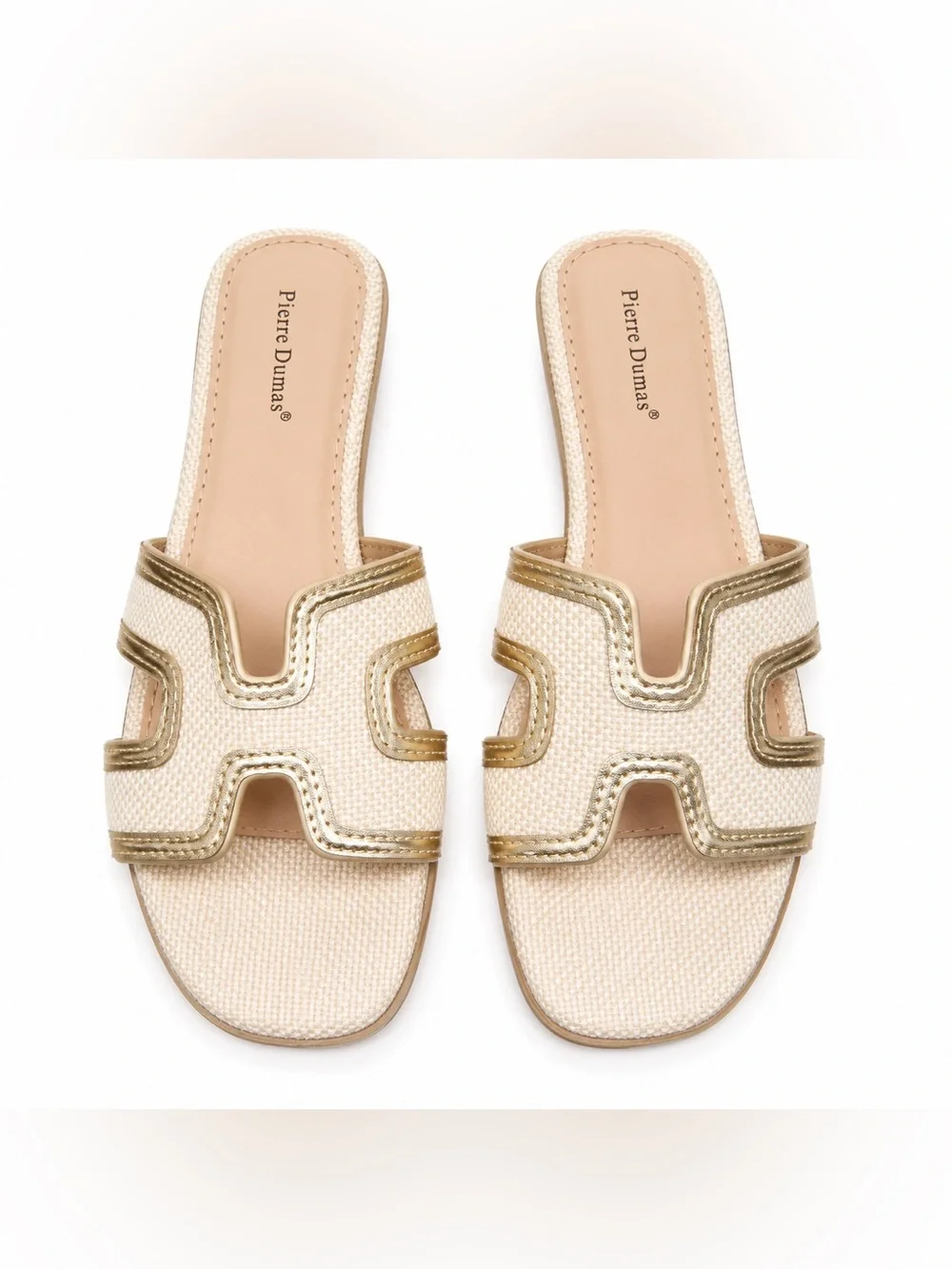 Pierre Dumas Women’s Gold and Cream Woven H-Cutout Slide Sandals.  Size: 8.5